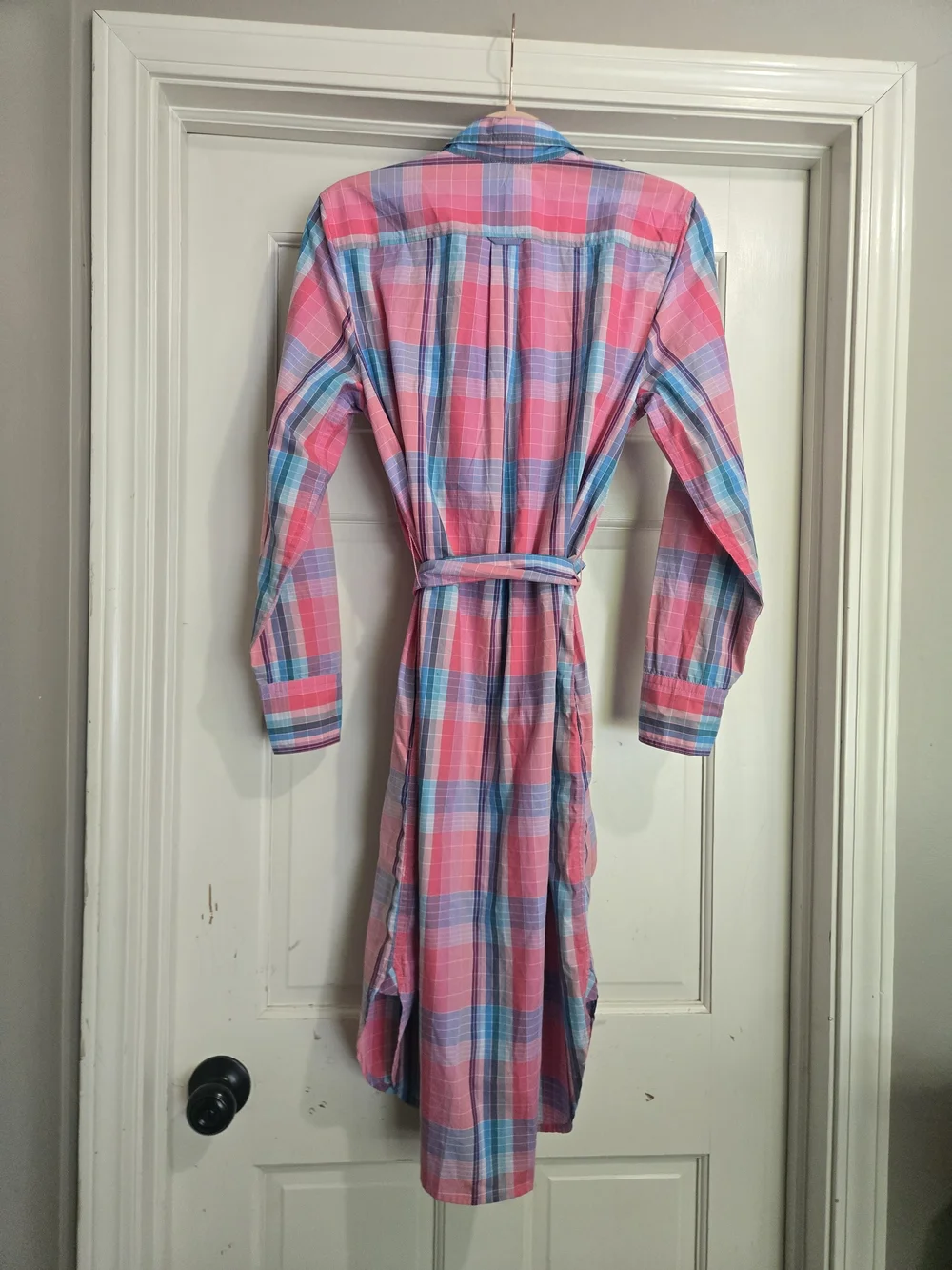 J. Crew Shirt Dress Women’s Size 4 Pink Plaid Tie Waist Button Midi Shirt Dress
